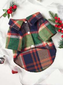 PETSIN 1pc Green Plaid Flannel Thick Shacket, Autumn/Winter - Multicolor - View 1
