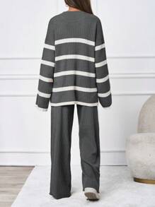 SHEIN Tall Women's Striped Drop Shoulder Sweater Two Piece Set - Dark Grey - View 2
