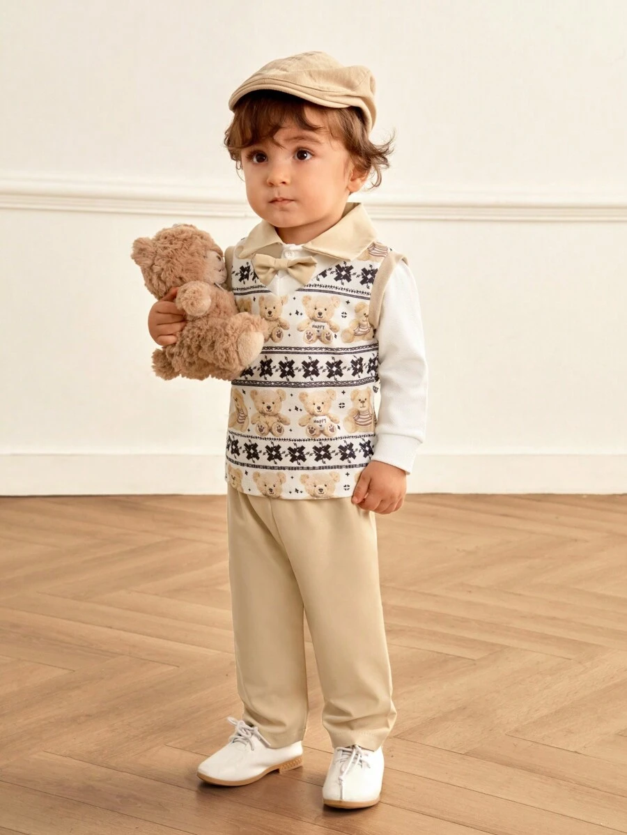 SHEIN 2pcs Baby Boys 0-3 Years Old Warm Autumn/Winter Classic Gentleman Style Elegant Striped Teddy Bear Khaki 2 In 1 Shirt Collar Sleeveless Vest 2 In 1 Top + Long Sleeve Outfit Set, Suitable For Outing - Khaki - View 1