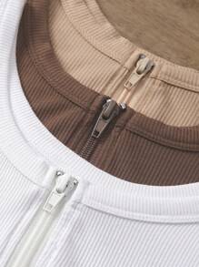 INAWLY 女士休闲百搭纯色拉链圆领短款背心 - 彩色 - 查看 4