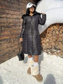 SHEIN EZwear 全新冬季女式绗缝加厚派克大衣，带毛领和兜帽 - 黑色 - 查看 6