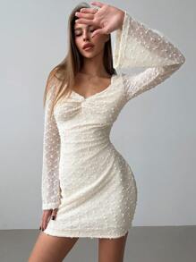 Aloruh Square Neck Long Flared Sleeve Bodycon Texture Knee-Length Apricot Romantic Date Dress For Women - Apricot - View 5