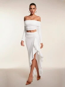 Glamine Set de 2 vestidos ajustado de manga larga asimétricos de color liso para mujer