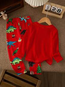 SHEIN Toddler Boys' Christmas Dinosaur & Tree Print Cozy Crew Neck Long Sleeve Top And Pants Sleepwear Set, Snug Fit, Autumn/Winter