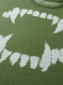 Claim Dot Men's Shark Tooth Graphic Crew Neck Long Sleeve Casual Sweater, Autumn/Winter - Army Green - View 3