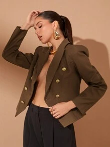 Lumalex Wedding Anniversary Spring Festival Party Season Valentine's Day Double-Breasted Metal Button Lapel Cinched Waist Fitted Women Blazer Jacket - Coffee Brown - View 5