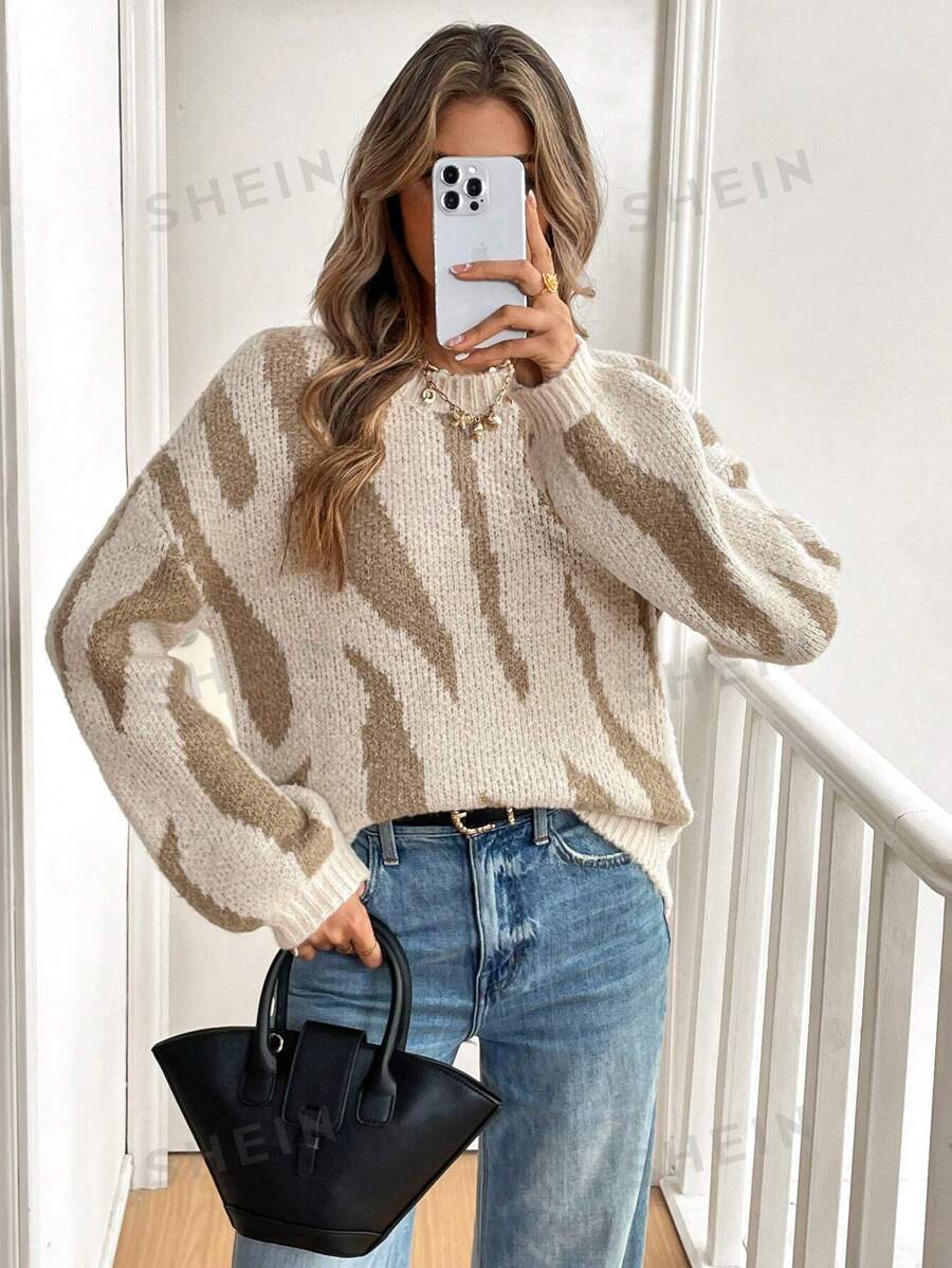 SHEIN Frenchy Suéter holgado con cuello redondo y bloqueo de color para mujer, otoño/invierno
