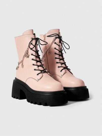 Grunge Punk Botas de tobillo con suela gruesa, de unicolor, con parches, minimalista, decoradas y con cadena para mujer, nuevas para Año Nuevo y vacaciones
