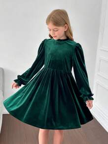 NovaGlow Tween Girl Tween 女童都市时尚针织纯色天鹅绒圆领长袖收腰连衣裙，圣诞节，适合儿童 - 綠色 - 查看 4