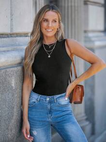 SHEIN LUNE Rib-knit Solid Tank Top - Black - View 1