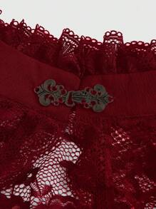 ROMWE Goth 春季哥特风开襟荷叶边喇叭袖蕾丝边女式上衣 - 酒紅色 - 查看 3