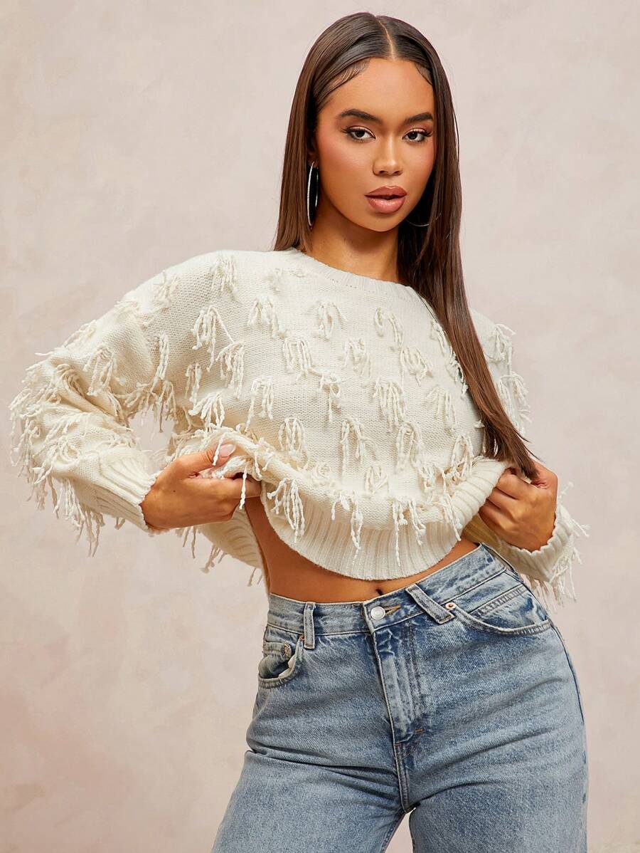 SHEIN SXY Quần áo thu đông Áo len Giáng sinh cổ tròn phù hợp cho nữ Áo len dệt kim cổ tròn dài tay màu mơ nhạt Trang trí tua rua ba chiều - Màu be - Xem 1