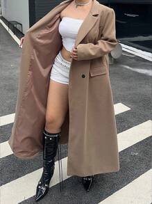 Flirla Plus Size Chic French Style Double-Breasted Extra Long Winter Coat - Mocha Brown - View 5