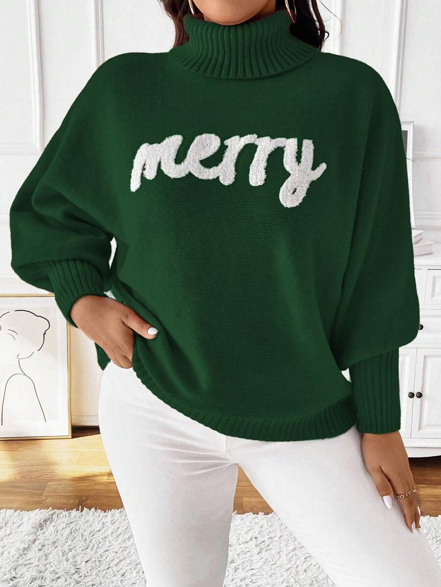 Celure Plus Size Women High Neck Batwing Sleeve Letter Pattern Casual Pullover Sweater, Autumn/Winter Knit Pullover Fall Outfit