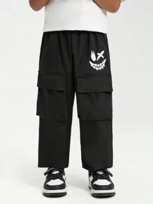 SHEIN Young Boys Casual Cargo Pants With Smiling Face Print & Large Pockets Design, Comfortable Fabric, Relaxed Fit, Suitable For 4-7 Years Old Boys, For Spring, Autumn, Daily, School, Party, Entertainment - Black - View 1