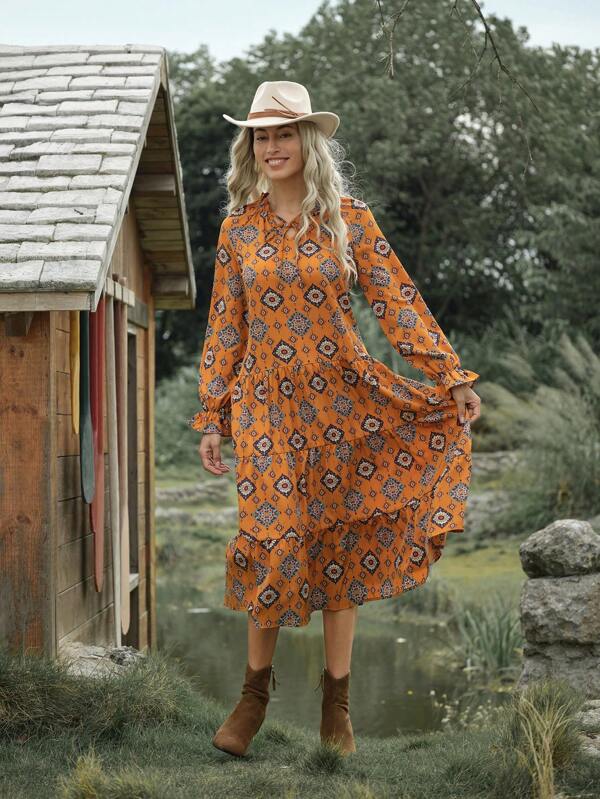 LanaWest Rochie de damă cu imprimeu floral rochie cu mânecă lungă de lungime medie, stil casual de sat