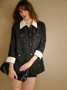 MOTF STUDIO TWEED CONTRAST COLLAR AND CUFF COAT FOR AUTUMN/WINTER - Black and White - View 5