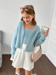 Tween Girls Knitted Solid Color Camisole With Long Sleeve Cardigan, Casual Autumn/Winter Outfit - Blue - View 3