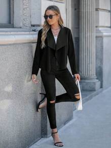 SHEIN LUNE Waterfall Collar Asymmetrical Hem Jacket - Black - View 4