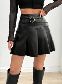 EURMUSE 女士纯色 PU 半身裙（配腰带） - 黑色 - 查看 5