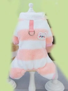 PETSIN Pink Striped Plush Warm & Cozy Jumpsuit For Pets With Leash, Suitable For Autumn And Winter