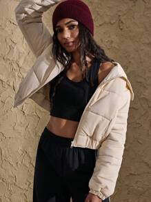 VARSITIE معاطف نسائية شتوية مُصَمَّمَة بوليصة أكمام مقصرة - كاكي - مشاهدة 5