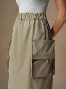 Anewsta Casual Straight Utility Cargo Skirt With Pockets, Elastic Waist Maxi