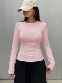 DAZY 女士休闲街头风保暖修身长袖T恤，秋冬季，带保暖内衬 - 粉色 - 查看 3
