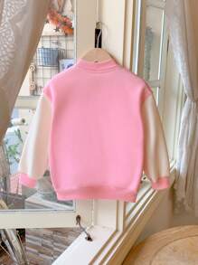 Blossori 年轻女孩粉色和白色对比字母刺绣正面纽扣开衫，校园风格，秋冬 - 彩色 - 查看 2