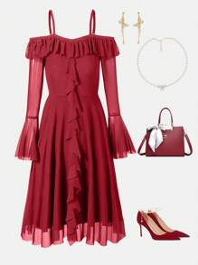 Tween Girls Elegant Off Shoulder Straps Ruffled Mesh Tight Knit Dress - Red - View 7