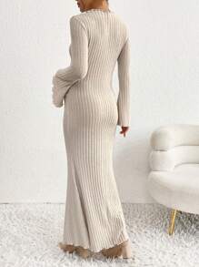 SHEIN Maternity Solid Color Round Neck Trumpet Sleeve Rib Knit Long Elegant Dress