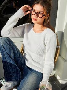 SHEIN Explorewe Teenage Girls Casual Plain Crew Neck Long Sleeve T-Shirt Sweater, Versatile For Autumn/Winter