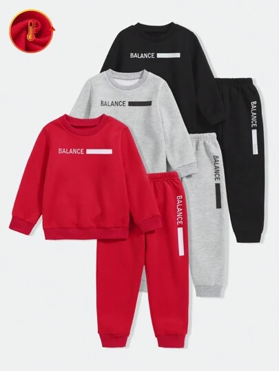 SHEIN Bộ 2 chiếc/Bộ áo nỉ cổ tròn in chữ đơn giản cho bé trai và quần dài, phù hợp cho mùa thu/đông