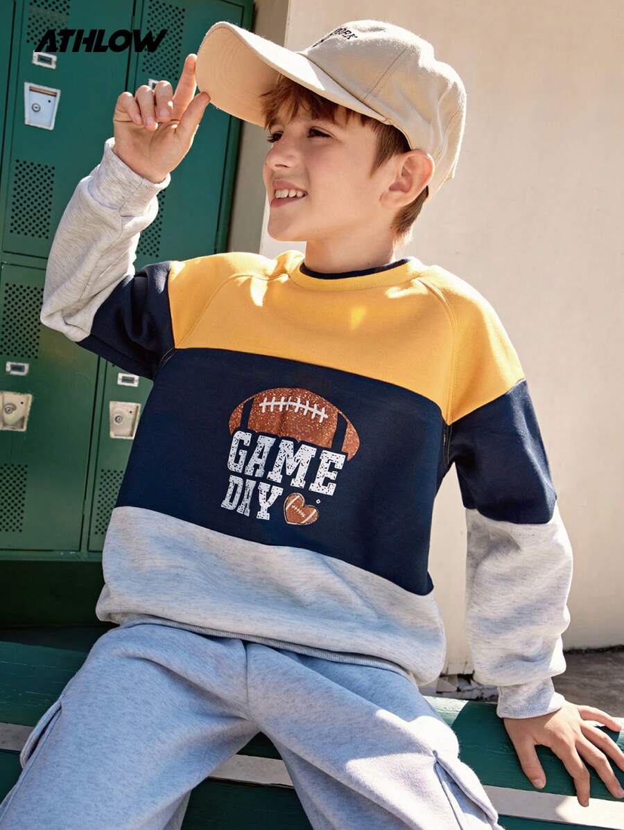 SHEIN Sudadera con cuello redondo de manga larga y costilla para niños preadolescentes, con estampado de secciones, forrada térmicamente, ropa deportiva cálida para exteriores - Multicolor - Ver 1