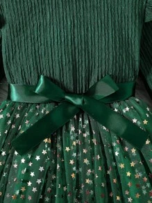 SHEIN Young Girl Knit Long Sleeve Patchwork Star Mesh Puffy Princess Dress - Green - View 6