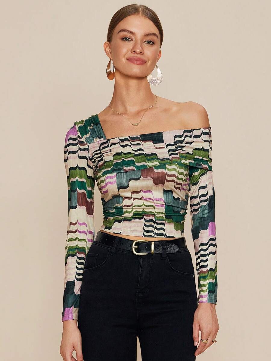 Almamuse Women Asymmetric Shoulder Wave Print Fitted Cropped T-Shirt Graphic Tees Women Tops Fall Cloth For Women - Multicolor - View 1