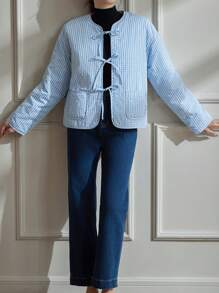 Femmeiva French Picnic Blue & White Plaid Tie Front Cardigan,Ellegant Light Blue Tea Party Winter Jacket For Women,Padded Synthetic Insulation Fall Clothes - Blue - View 6