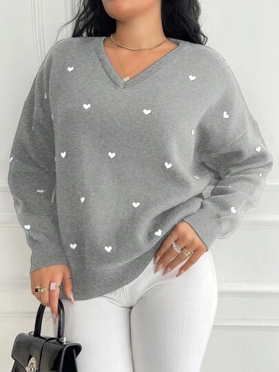 EURMUSE Suéter de malha solto com estampa de coração casual plus size, outono/inverno