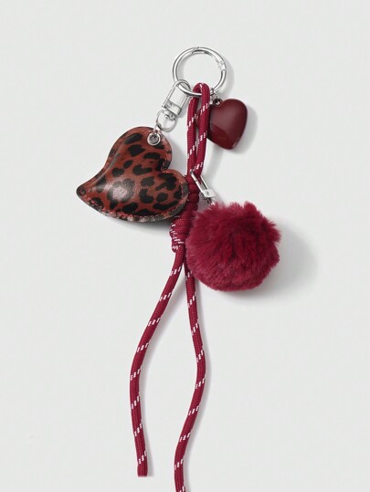 Grunge Punk 1 pezzo Ciondolo a forma di cuore 3D in acrilico con stampa leopardata, finta pelle rossa e pallina di pelliccia, stile college Y2K, regolabile con laccetto, adatto come accessorio quotidiano e regalo per festival, per le donne