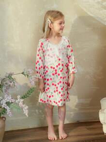 SHEIN Girls Woven Floral Print Lace Long Sleeve Maxi Nightgown, Comfortable Loungewear