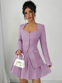 Gloray Women V-Neck Pink Fitted Blazer + Short Pleated Skirt Suit, Autumn Set