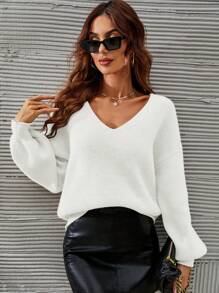SHEIN Frenchy 秋冬纯色V领休闲百搭长袖套头衫 - 白色 - 查看 3