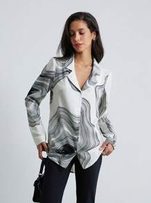 Aveloria Modichic Commuting Casual Shirt For Women With Lapel Collar, Graphic Line Print, Loose Fit Long Sleeve Button Up Shirt Women  Fall Cloth For Women - Multicolor - View 3