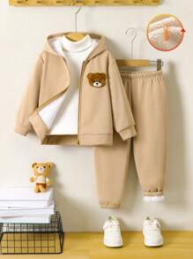 2 件装 YOUNG BOY YOUNG GIRL 天鹅绒泰迪熊夹克和羊毛运动裤超级保暖，适合秋冬季 - 卡其色 - 查看 4