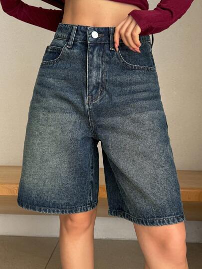 DAZY Women's Solid Color Pocketed Loose Casual Denim Shorts