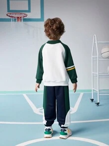 SHEIN 年轻男孩冬季运动套装运动衫和裤子，暖色块拼接插肩袖学院风骑行、登山、跑步，复古美式长袖领口两件套，印花字母 L，ATHLOW 色罗纹针织饰边 3 种颜色