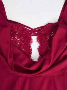 Hauture Lace Bust Front Cowl Neck Open Back Sashed Maxi Mermaid Dress - Red - View 8