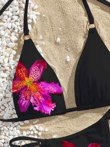 Swim Vcay Conjunto de bikini de 2 piezas para mujer con copas triangulares halter, anillo redondo asimétrico y unicolor, traje de baño de verano - Negro - Ver 3