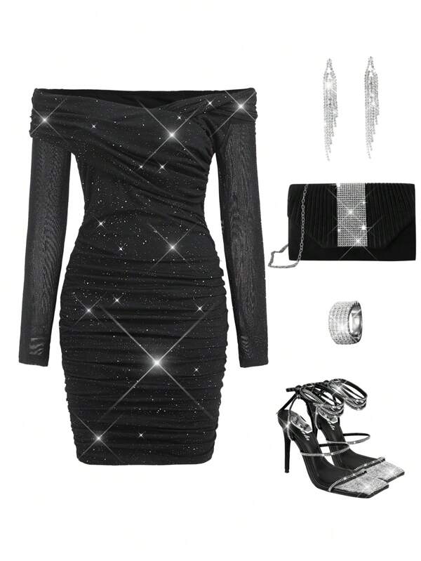 Ellevyn Women's Elegant Sexy Off-Shoulder Ruched Glitter Party Dress