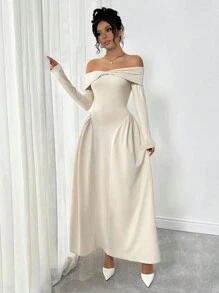 Rafferiza 1 件女士优雅露肩扭纹前拼布编织连衣裙长款女装 - 杏色 - 查看 3